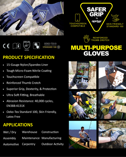 Warehouse Gloves - Nitrile Coated Gloves with Touchscreen - Safer Grip by OPNBAR™ (2-Pack)